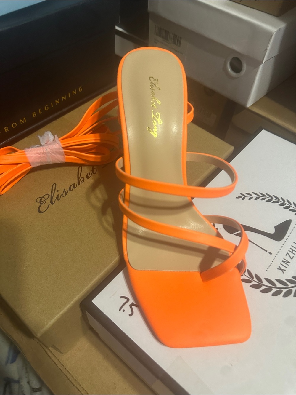 Elisabetta Franchi Neon Orange Strappy Square-Toe Mule